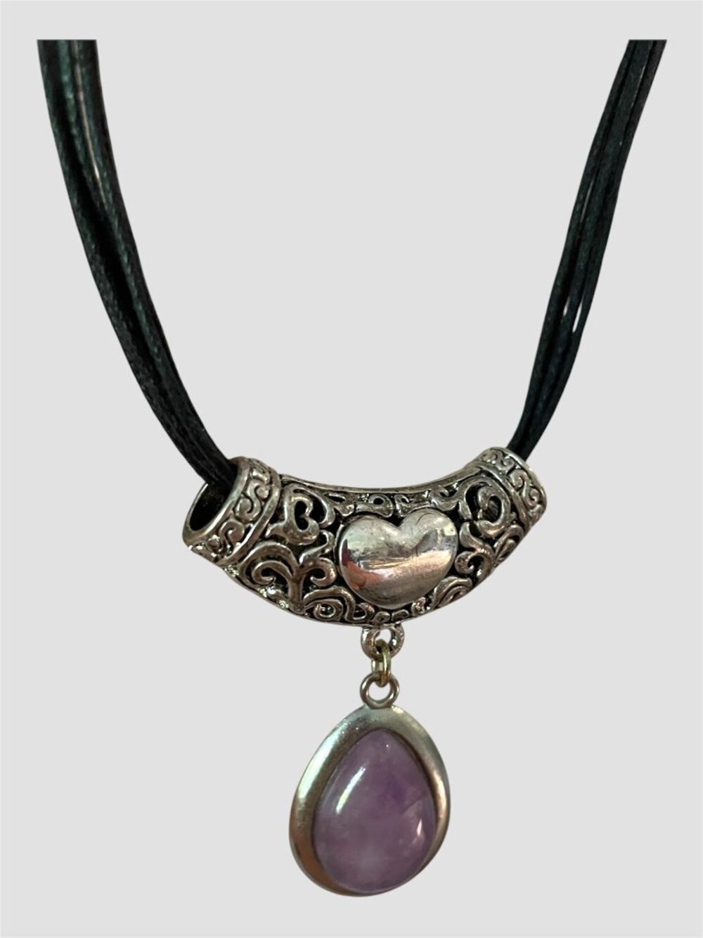 Vintage Sterling Silver Lavender Amethyst Drop Necklace Boho Multi-Strand Cord